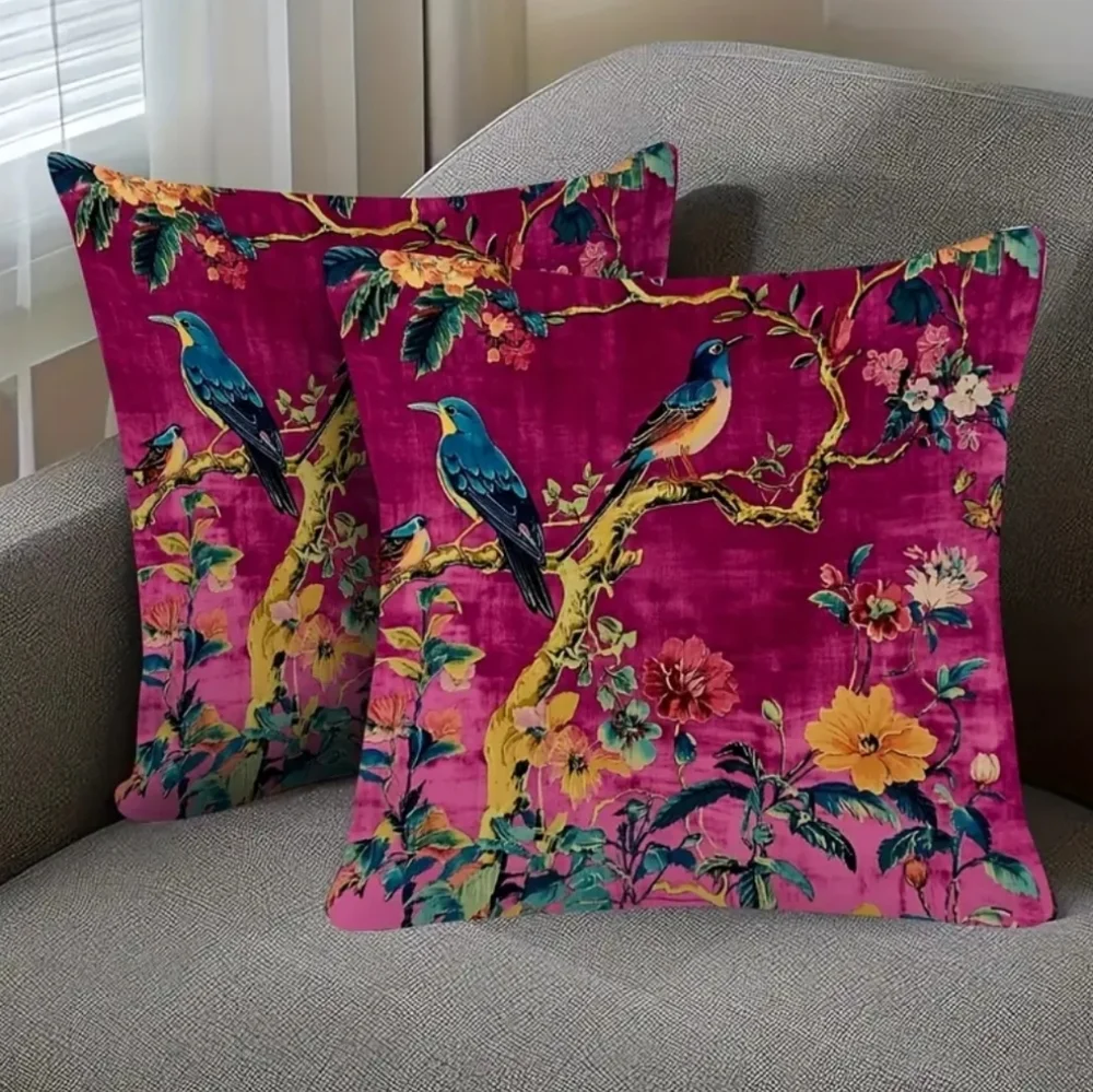 🐎NEW! Vibrant Bird & Floral Chinoiserie Throw Pillow Covers 18x18 - Picture 2 of 5